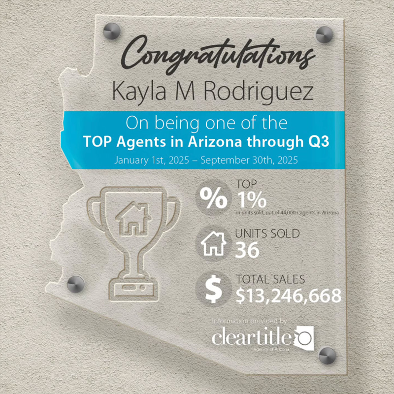 Kayla Rodriguez, Realtor, Clear Title recognition for Arizona’s top 1% by units sold through Q3 2025, with 36 sales totaling $13,246,668.