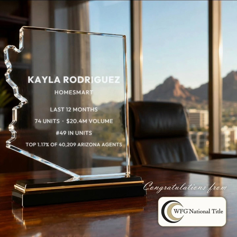 Kayla Rodriguez, Realtor, recognized among the top 1.17% of Arizona agents, with 74 units sold and $20.4 million in sales volume over 12 months.
